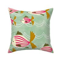 sea life pink fish waves // mint // large