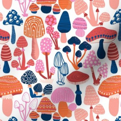 Mushrooms Blue Red Pink, Modern Colorful Toadstool, Botanical Fungi Forest, Woodland Fungus - Small