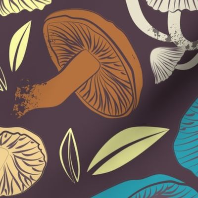 Large jumbo scale rotated // Delicious Autumn botanical poison // brown aqua teal and yellow mushrooms fungus toadstool wallpaper
