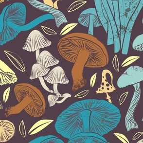 Large jumbo scale rotated // Delicious Autumn botanical poison // brown aqua teal and yellow mushrooms fungus toadstool wallpaper