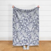 Large jumbo scale rotated // Delicious Autumn botanical poison // pale blue grey background white mushrooms fungus toadstool wallpaper
