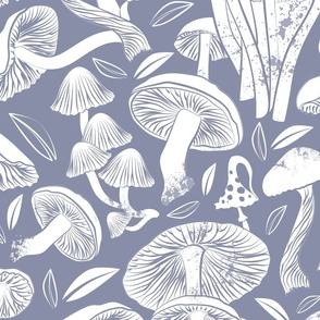 Large jumbo scale rotated // Delicious Autumn botanical poison // pale blue grey background white mushrooms fungus toadstool wallpaper