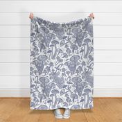 Large jumbo scale rotated // Delicious Autumn botanical poison // white background pale blue grey mushrooms fungus toadstool wallpaper