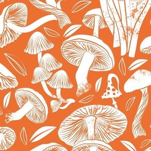 Large jumbo scale rotated // Delicious Autumn botanical poison // orange background white mushrooms fungus toadstool wallpaper