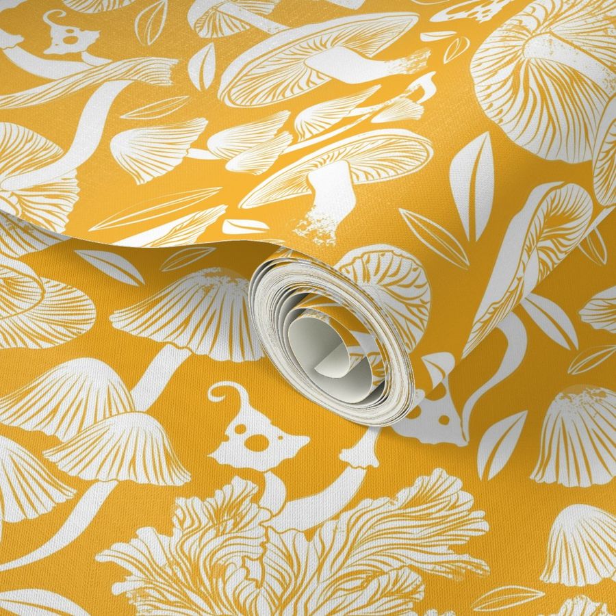 Normal scale // Delicious Autumn botanical poison // marigold yellow background white mushrooms fungus toadstool wallpaper