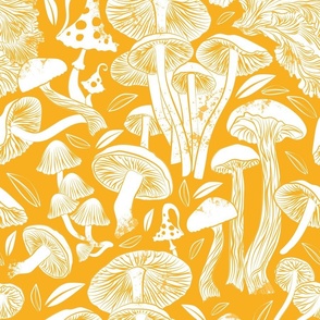 Normal scale // Delicious Autumn botanical poison // marigold yellow background white mushrooms fungus toadstool wallpaper