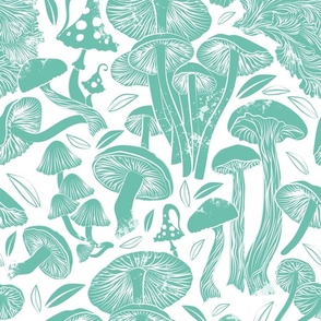 Normal scale rotated // Delicious Autumn botanical poison // white background mint green mushrooms fungus toadstool wallpaper
