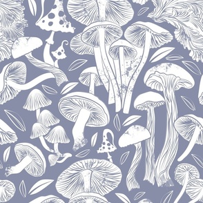 Normal scale rotated // Delicious Autumn botanical poison // pale blue grey background white mushrooms fungus toadstool wallpaper