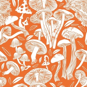 Normal scale rotated // Delicious Autumn botanical poison // orange background white mushrooms fungus toadstool wallpaper