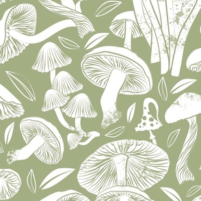 Large jumbo scale // Delicious Autumn botanical poison // sage green background white mushrooms fungus toadstool wallpaper