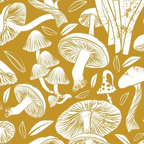 Large jumbo scale // Delicious Autumn botanical poison // yellow mustard background white mushrooms fungus toadstool wallpaper