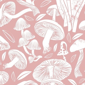 Large jumbo scale // Delicious Autumn botanical poison // blush pink background white mushrooms fungus toadstool wallpaper