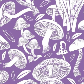 Large jumbo scale // Delicious Autumn botanical poison // amethyst purple background white mushrooms fungus toadstool wallpaper