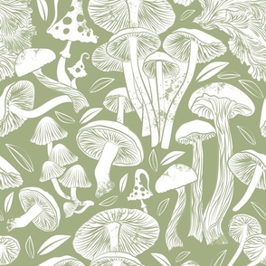 Normal scale // Delicious Autumn botanical poison // sage green background white mushrooms fungus toadstool wallpaper