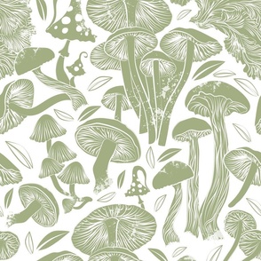 Normal scale // Delicious Autumn botanical poison // white background sage green mushrooms fungus toadstool wallpaper
