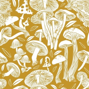 Normal scale // Delicious Autumn botanical poison // yellow mustard background white mushrooms fungus toadstool wallpaper