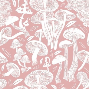 Normal scale // Delicious Autumn botanical poison // blush pink background white mushrooms fungus toadstool wallpaper