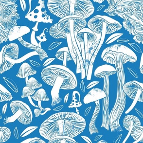 Normal scale // Delicious Autumn botanical poison // bluebell blue background white mushrooms fungus toadstool wallpaper