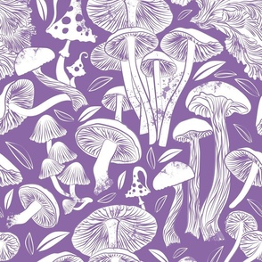 Normal scale // Delicious Autumn botanical poison // amethyst purple background white mushrooms fungus toadstool wallpaper