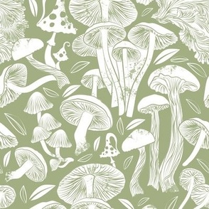 Small scale // Delicious Autumn botanical poison // sage green background white mushrooms fungus toadstool 