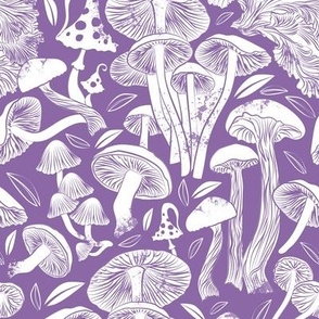 Small scale // Delicious Autumn botanical poison // amethyst purple background white mushrooms fungus toadstool 