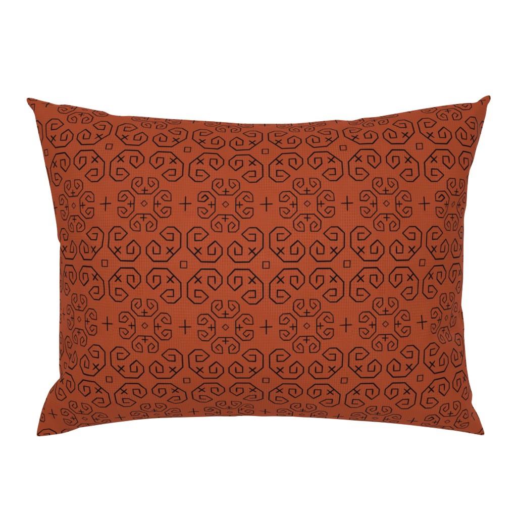 Faux vintage blackwork embroidery on faux Aida woven fabric russet brown with black line work 12” repeat 