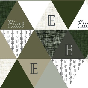 Elias: Nickainley Font on 6" triangle wholecloth: charcoal arrows + seaweed, latte, sage, forest, olive