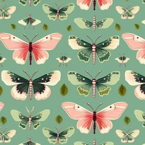 Moth and butterfly risograph green and pink