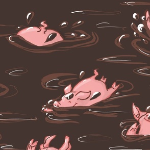 (XL) Cute Piglets Cavorting and Swimming // Soft Pink Piggies in Dark Chocolate Mud