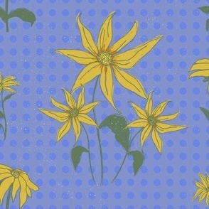 Sunflowers with Polk-a-dots, vintage inspired, retro flowers on blue background, farm house inspired