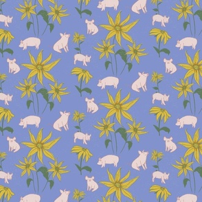 Pigs and Sunflowers on blue background, farm animals, floral with animals, piglets, children’s pattern