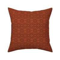 Faux vintage blackwork embroidery on faux Aida woven fabric russet brown with black line work 6”  repeat 