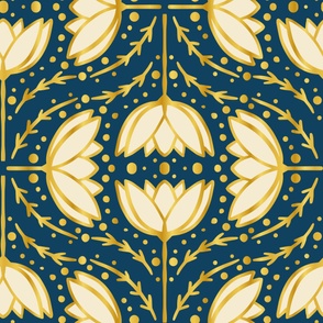 1920s-art-deco-style-white-tulips-golden-outlines-on-navy-blue-XL-jumbo-scale-for-wallpaper