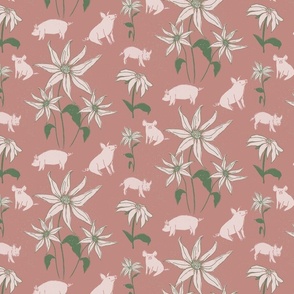 Pigs and sunflowers, pink background, retro farm animal, pigs on the farm, whimsical pattern for kids and nursery
