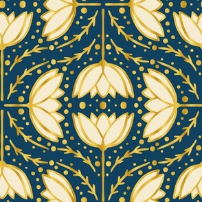 1920s-art-deco-style-white-tulips-golden-outlines-on-navy-blue-M-medium-scale-for-pillows