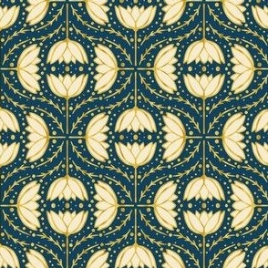 1920s-art-deco-style-white-tulips-golden-outlines-on-navy-blue-XS-tiny-scale-for-patchwork