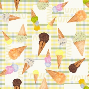 Melty Ice Cream cones on a yellow green and blue plaid