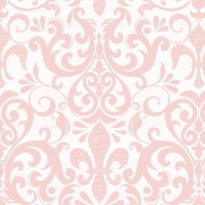 Pastel Fleur de Lis Damask Pattern French Linen Style  With Script Pink And White Medium Scale
