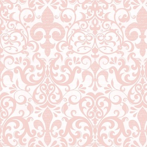 Pastel Fleur de Lis Damask Pattern French Linen Style  With Script Pink And White Smaller Scale