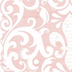 Pastel Fleur de Lis Damask Pattern French Linen Style With Script White And Pink Large Scale