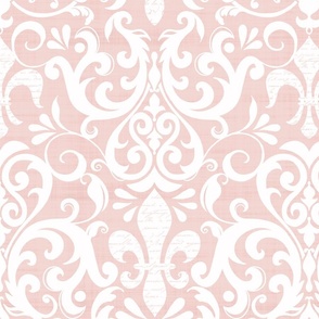 Pastel Fleur de Lis Damask Pattern French Linen Style With Script White And Pink Medium Scale