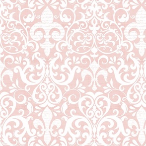 Pastel Fleur de Lis Damask Pattern French Linen Style With Script White And Pink Smaller Scale