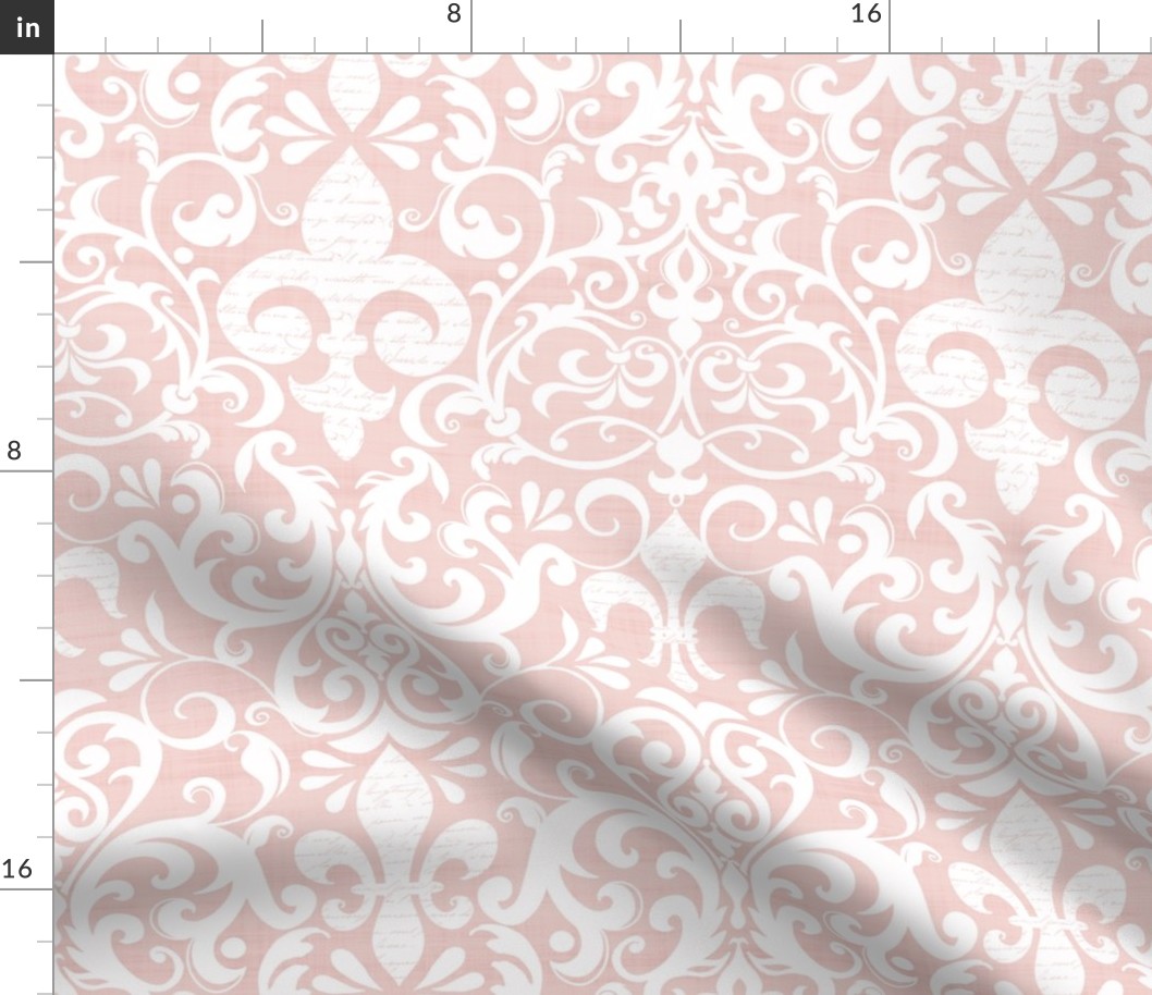 Pastel Fleur de Lis Damask Pattern French Linen Style With Script White And Pink Smaller Scale