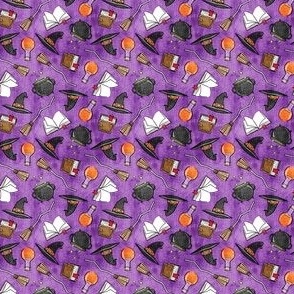 (micro scale) witches spell - halloween witch fabric - cauldron , broom, spell book, potion, hat - distressed purple - C23