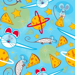 Space Mice Explore the Big Cheese on Turquoise blue