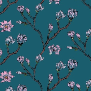magnolia branches in pink with dark blue