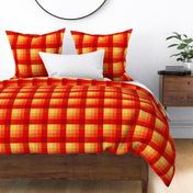 Cabin core rustic warm and joyful plaid with burlap texture deep russets, scarlet and yellow hues  12”  repeat