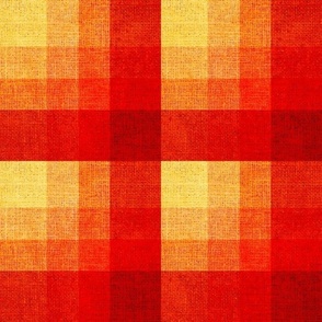 Cabin core rustic warm and joyful plaid with burlap texture deep russets, scarlet and yellow hues  12”  repeat