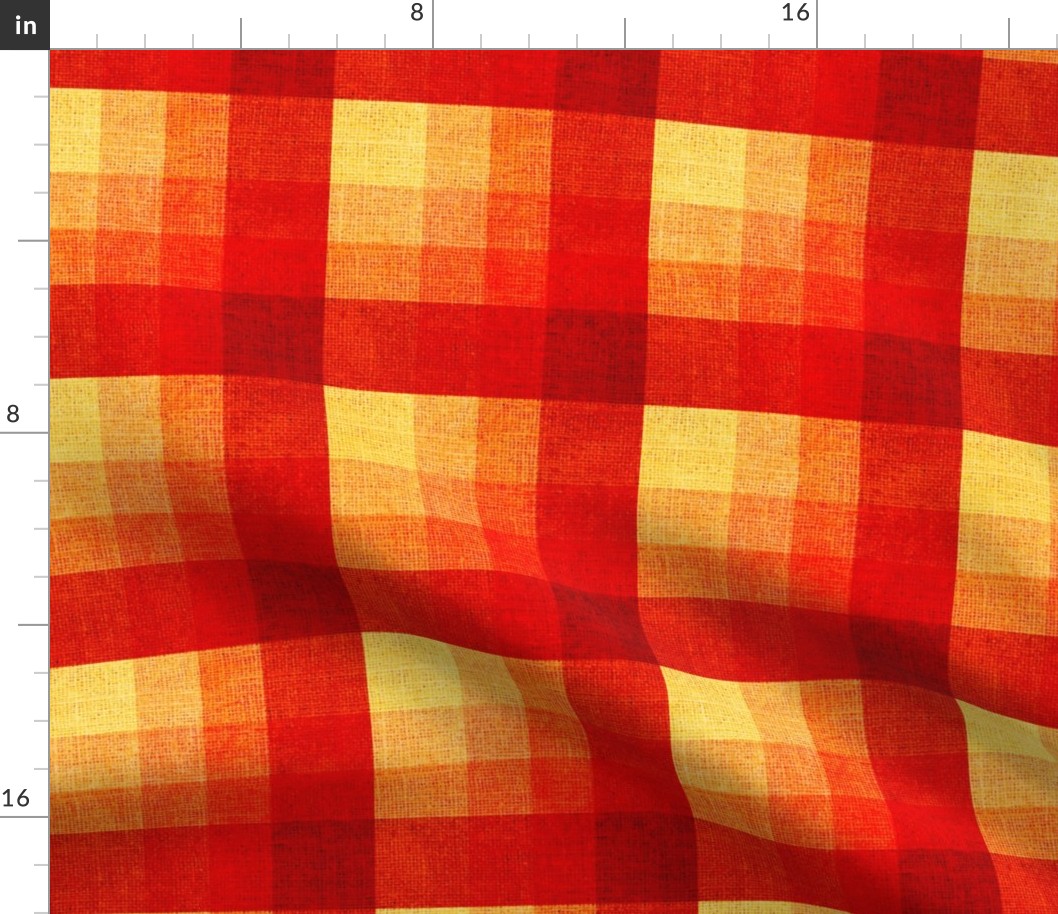 Cabin core rustic warm and joyful plaid with burlap texture deep russets, scarlet and yellow hues  12”  repeat