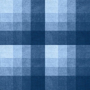 Cabin core rustic warm and joyful plaid with burlap texture deep blue and light blue hues  12” repeat